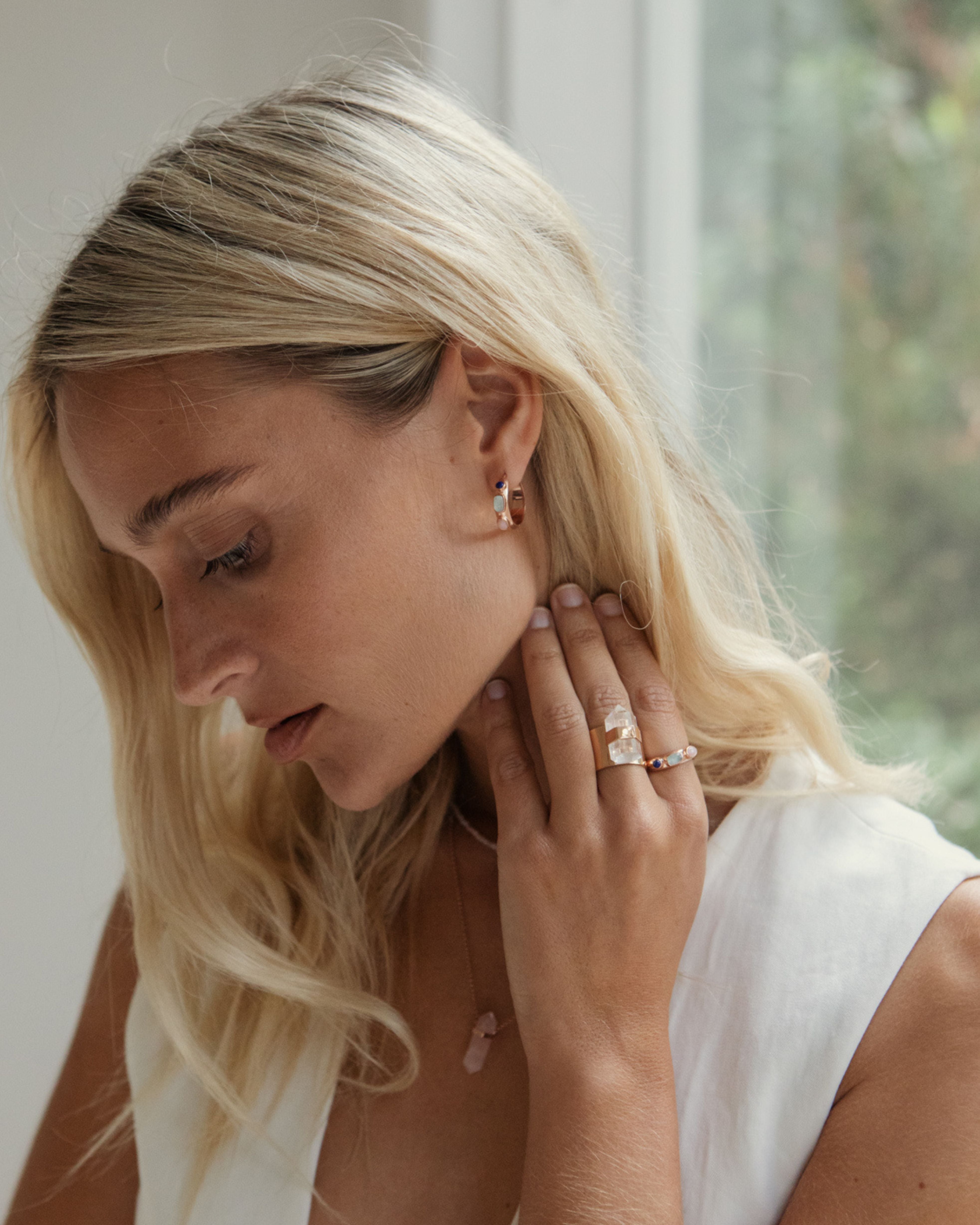 tidal bloom earrings | aqua marine, pink opal + lapis lazuli