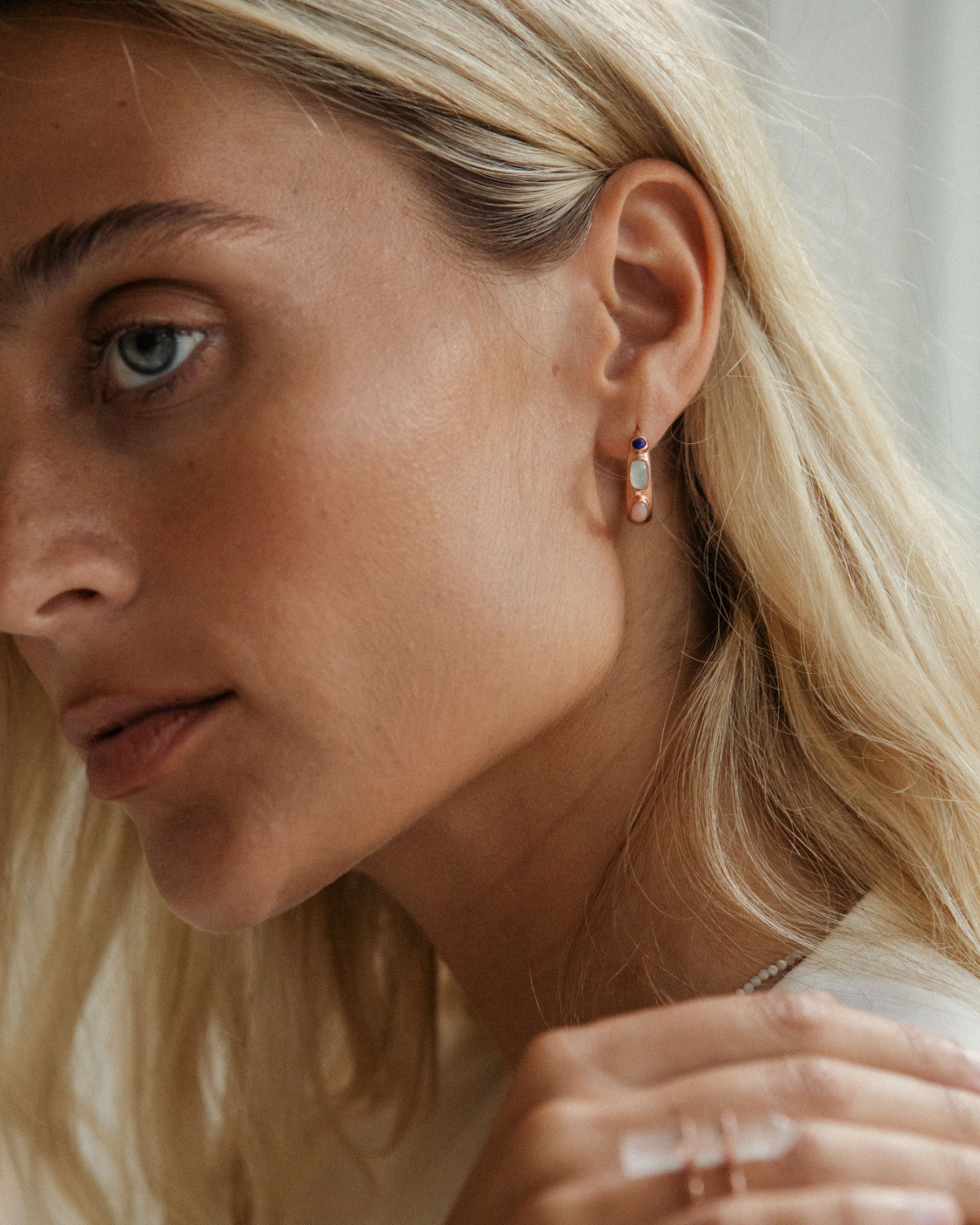 tidal bloom earrings | aqua marine, pink opal + lapis lazuli