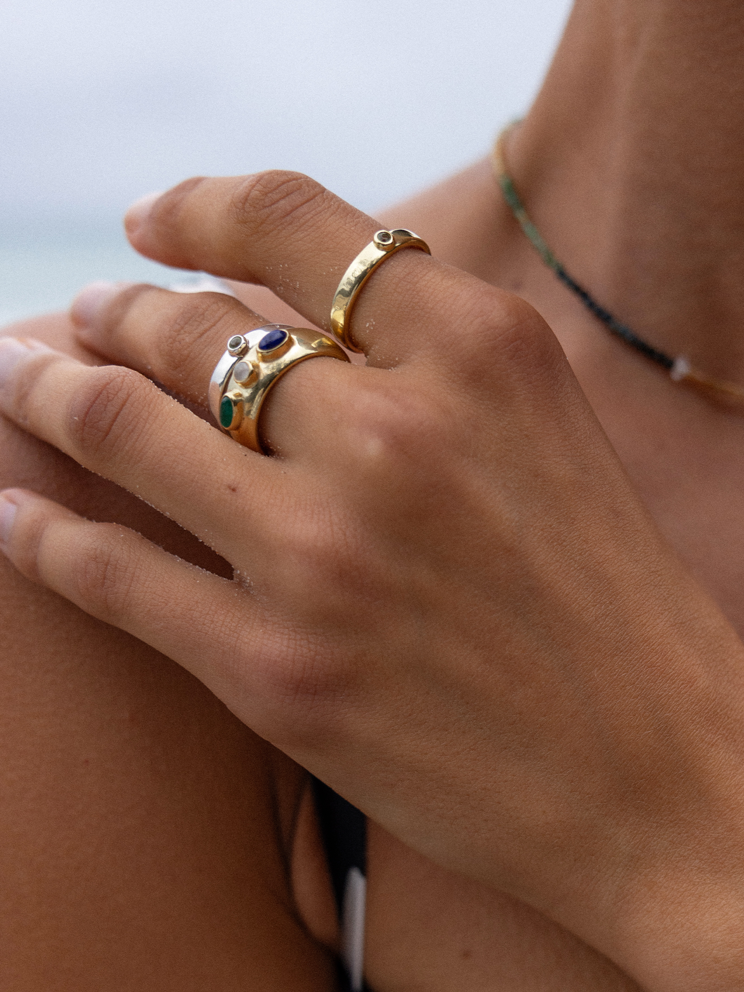 balance ring | green agate, lapis lazuli + rainbow moonstone