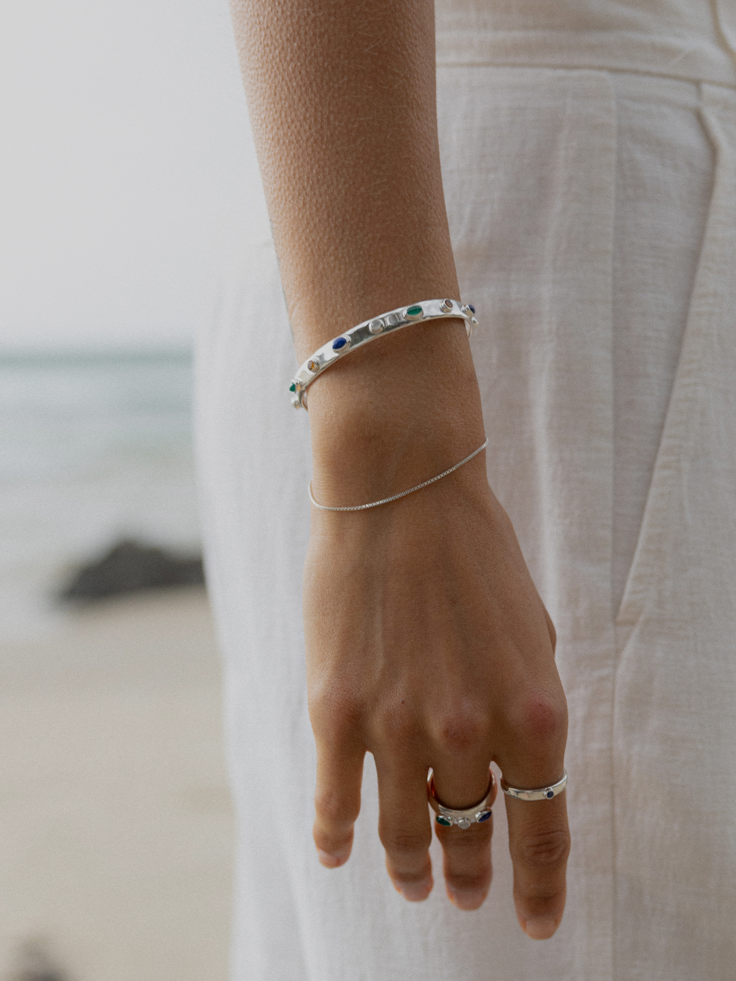 balance cuff | green agate, lapis lazuli, rainbow moonstone + citrine