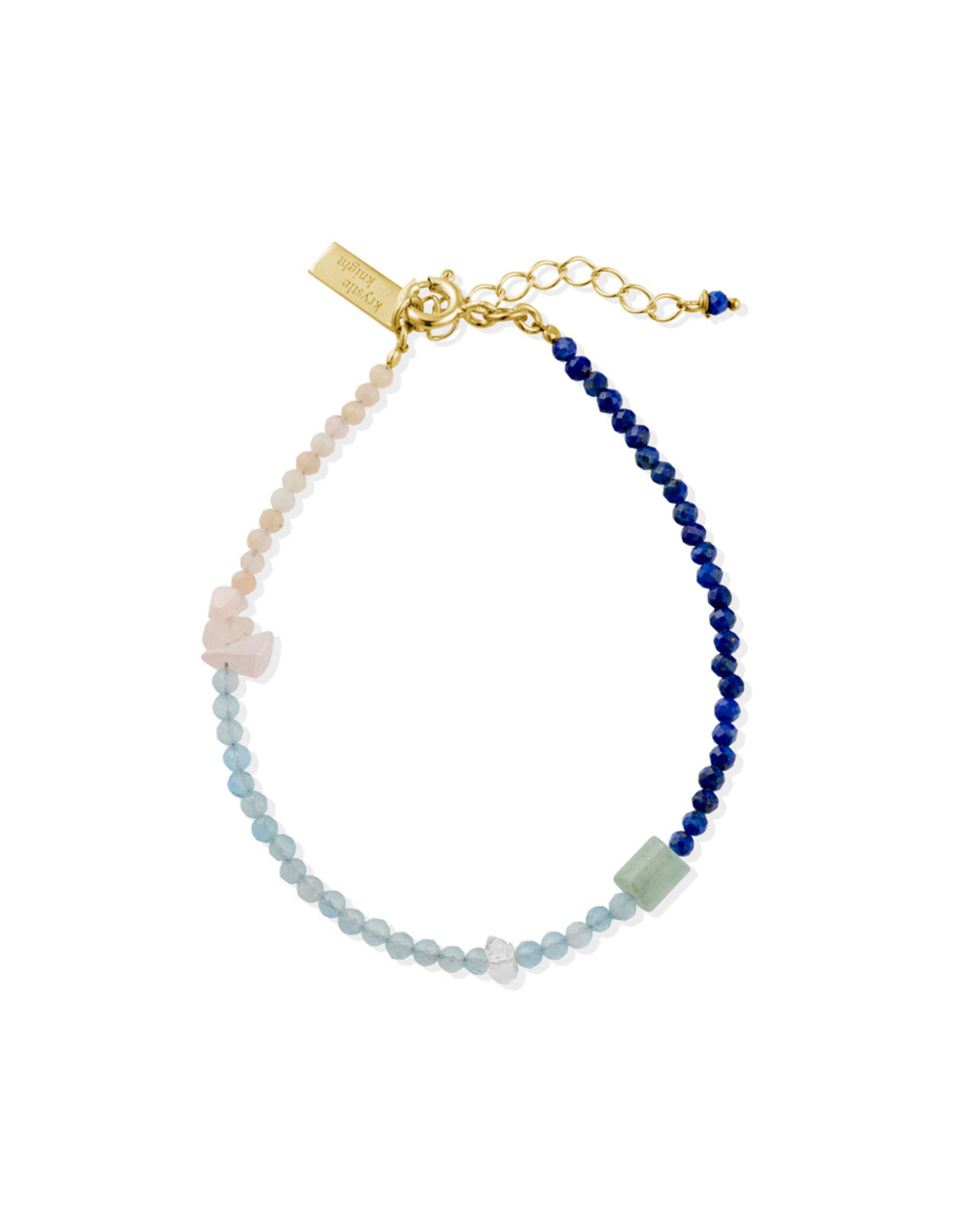 Beaded Bracelet with Lapis Lazuli, Aqua Marine, Pink Opal + Herkimer Diamond Quartz Gold