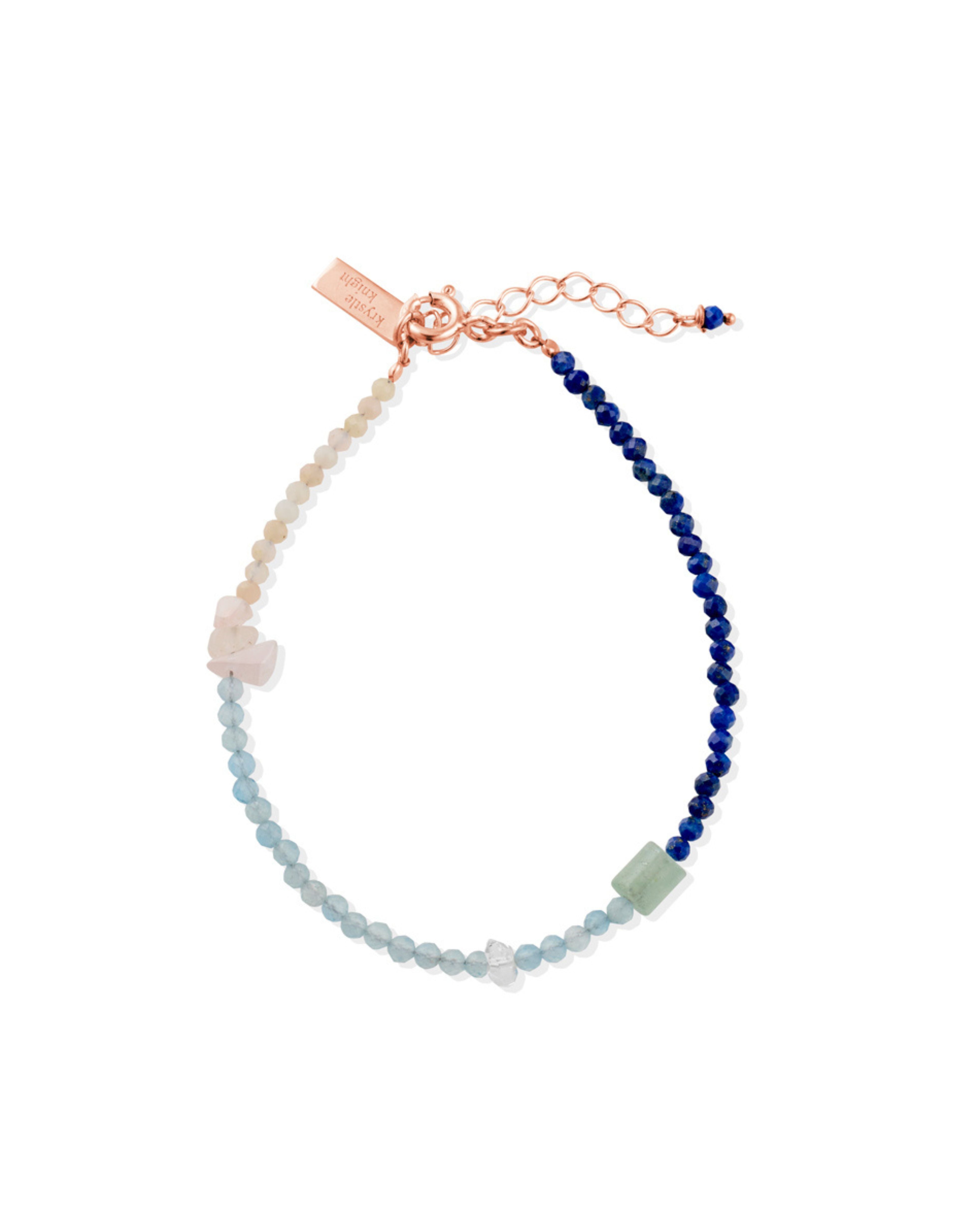 Beaded Bracelet with Lapis Lazuli, Aqua Marine, Pink Opal + Herkimer Diamond Quartz Rose Gold