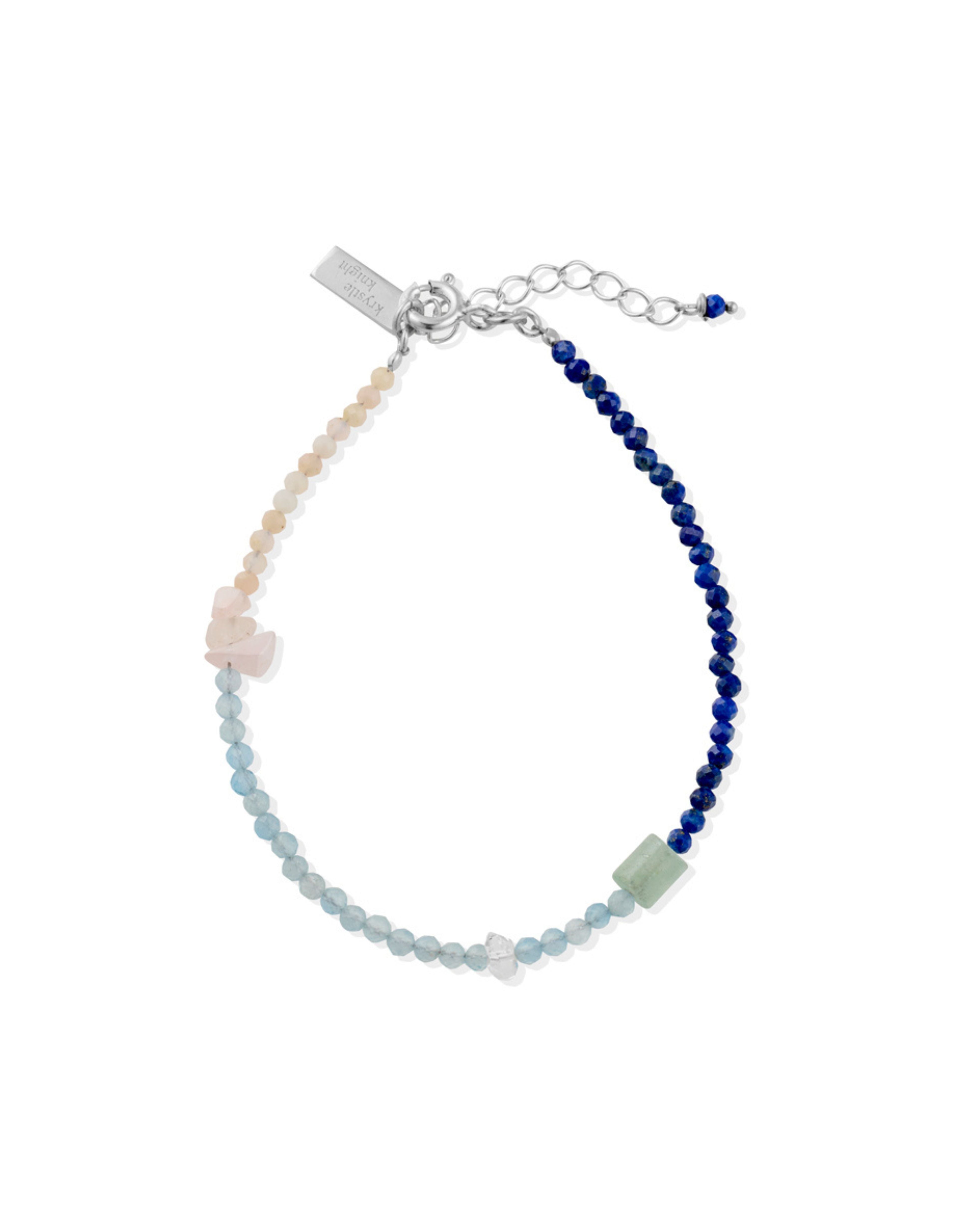 Beaded Bracelet with Lapis Lazuli, Aqua Marine, Pink Opal + Herkimer Diamond Quartz Silver