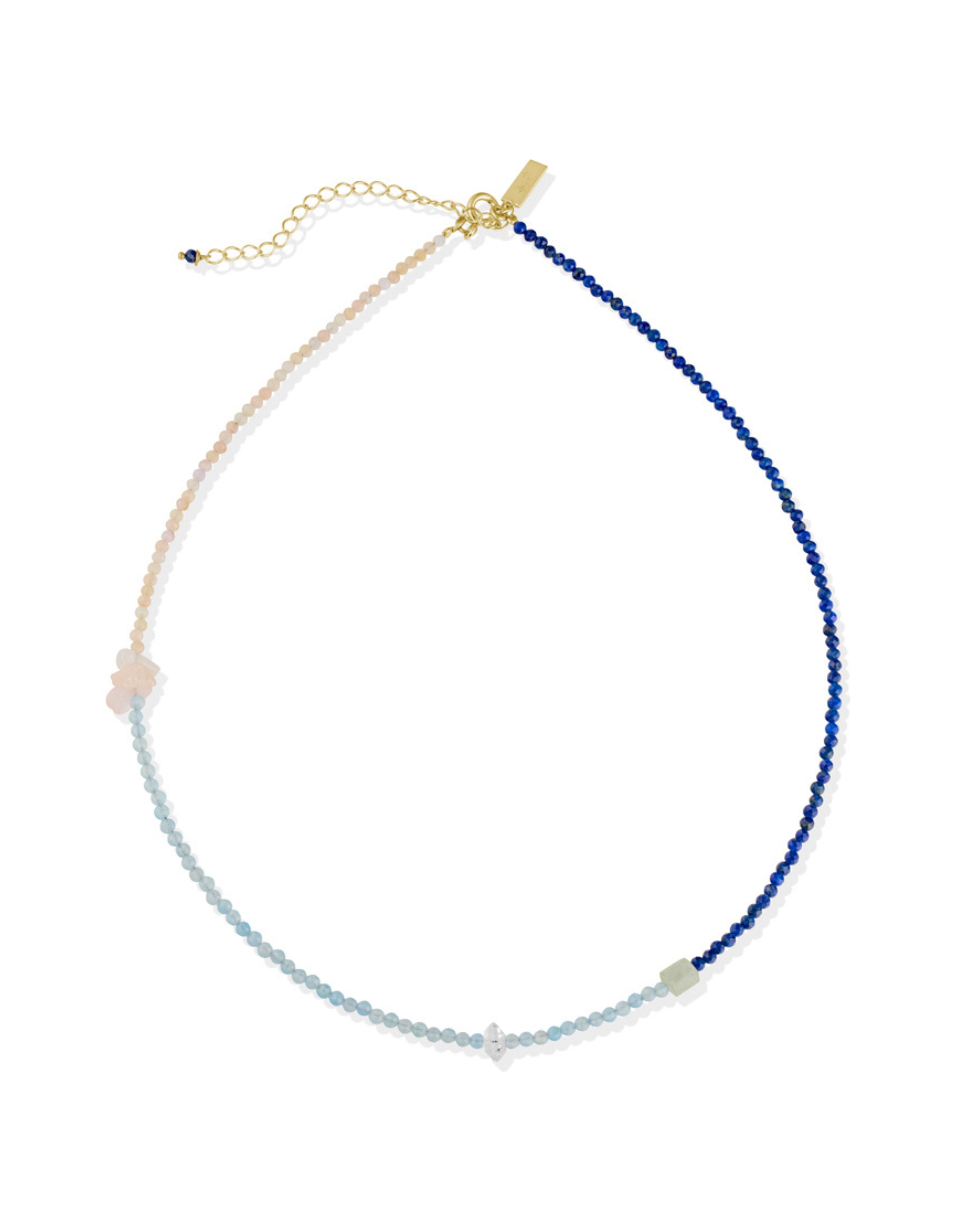 Beaded Necklace with Lapis Lazuli, Aqua Marine, Pink Opal + Herkimer Diamond Quartz Gold