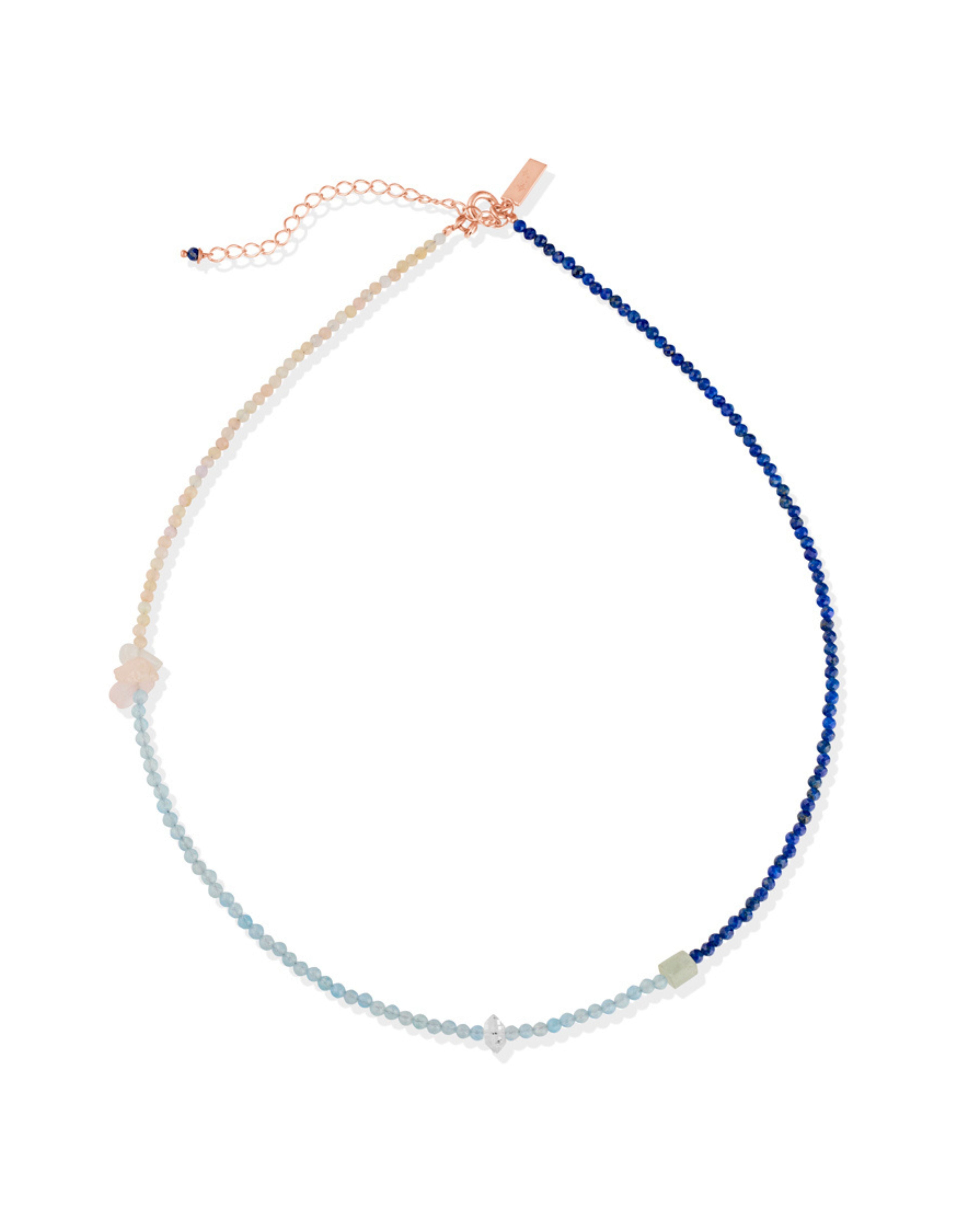 Beaded Necklace with Lapis Lazuli, Aqua Marine, Pink Opal + Herkimer Diamond Quartz Rose Gold