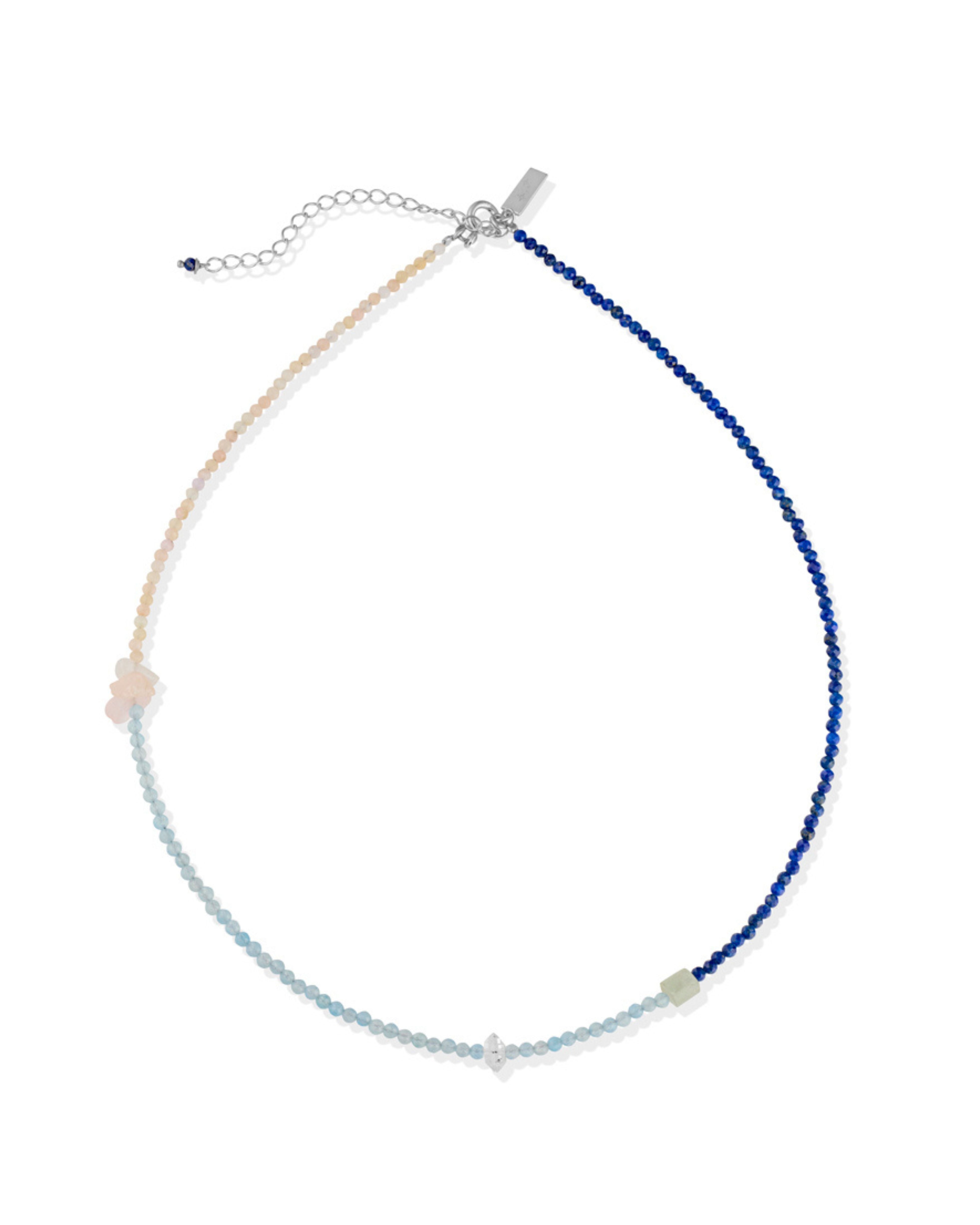 Beaded Necklace with Lapis Lazuli, Aqua Marine, Pink Opal + Herkimer Diamond Quartz Silver