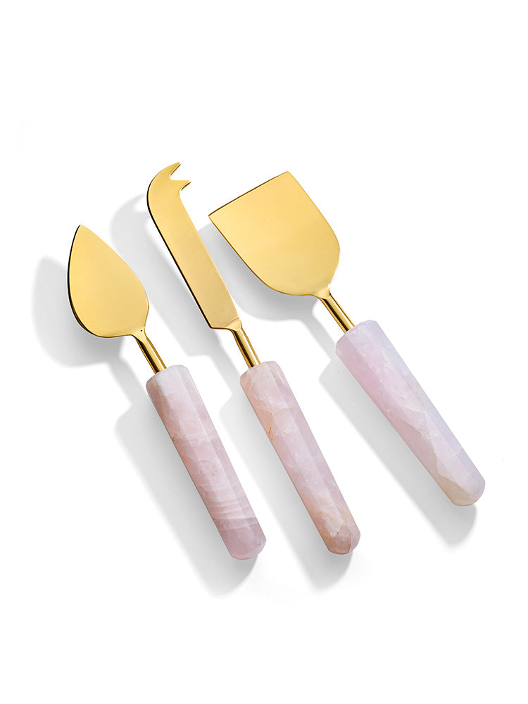 Gold Cheese Knives with Rose Quartz Handles
