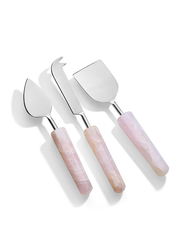 Silver Cheese Knives with Rose Quartz Handles