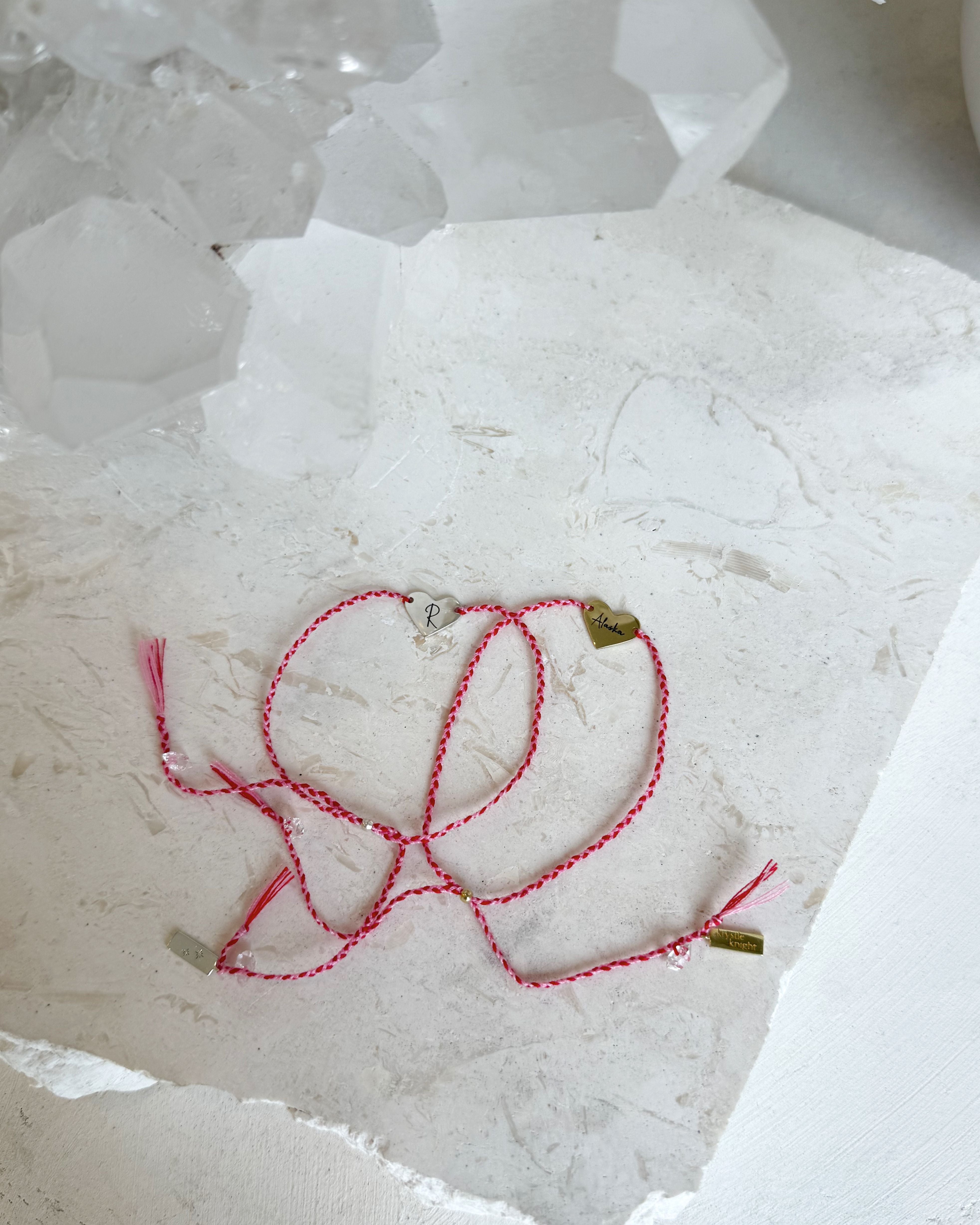 Delicate Red & Pink Cotton Bracelet with an Engravable Heart Plaque & Herkimer Diamond Quartz Crystals