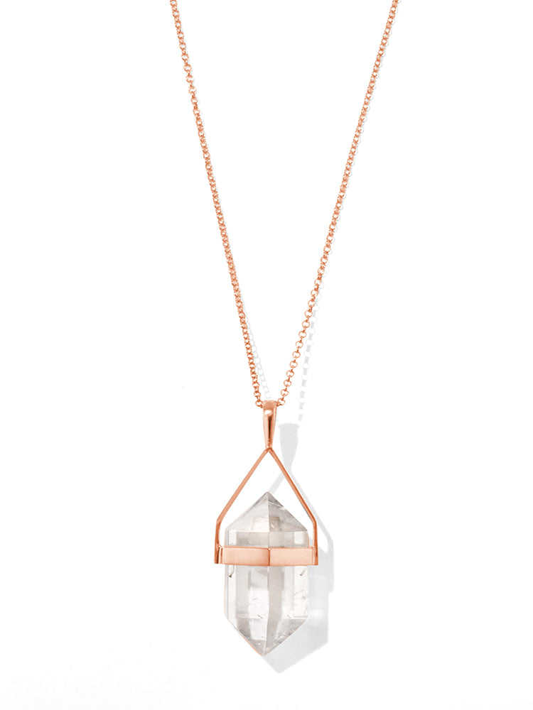 Mini White Aura Clear Quartz Rose Gold Necklace