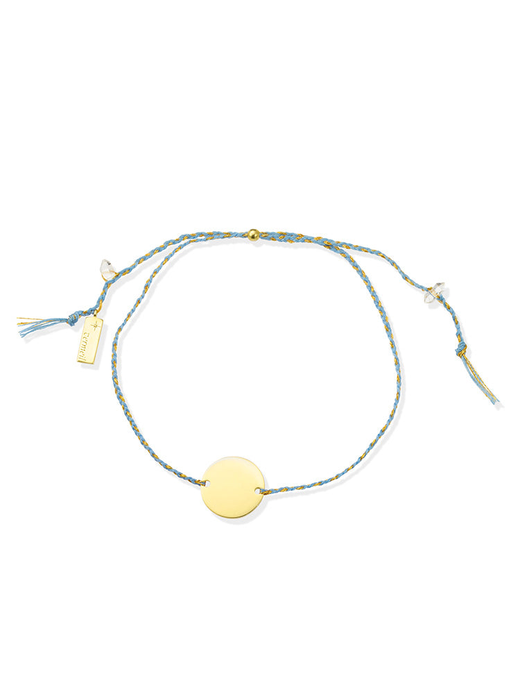 Blue & Gold Cotton Bracelet Engravable Round Gold Plaque