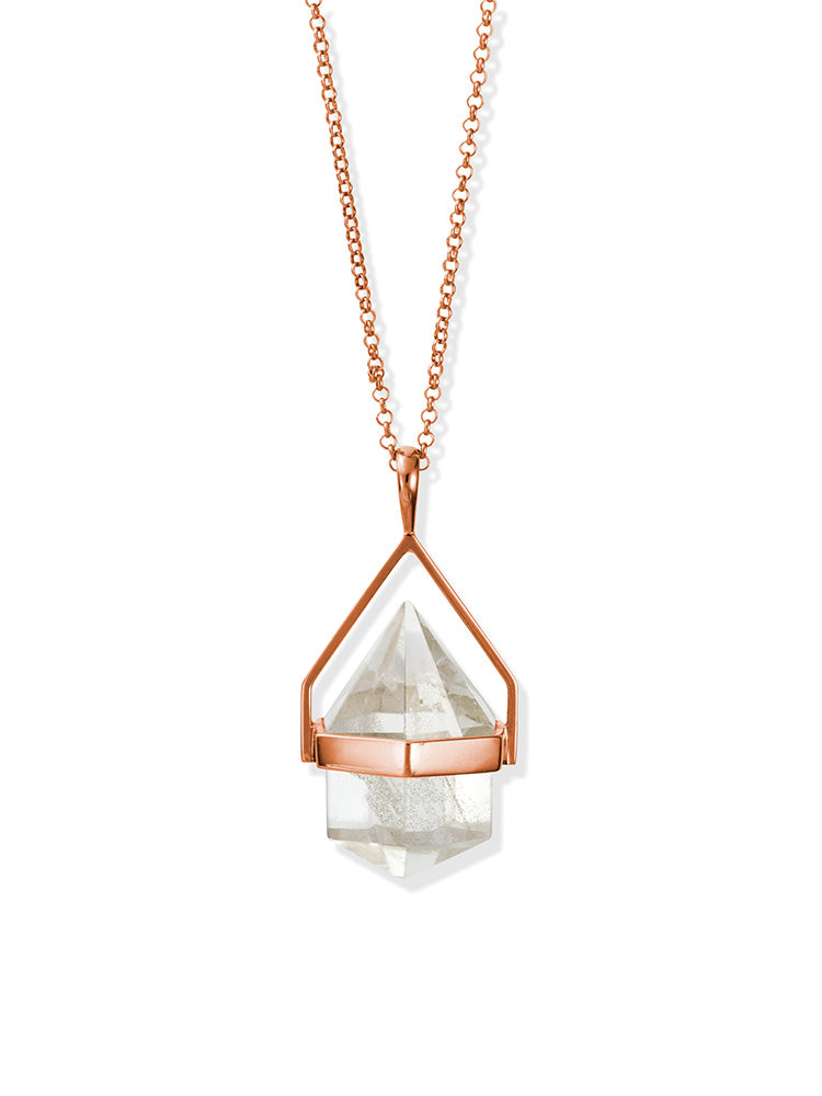 Mini Aura Hand Cut Clear Quartz Rose Gold Necklace