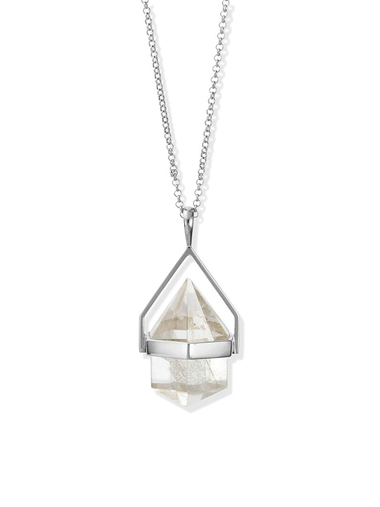 Mini Aura Hand Cut Clear Quartz Silver Necklace