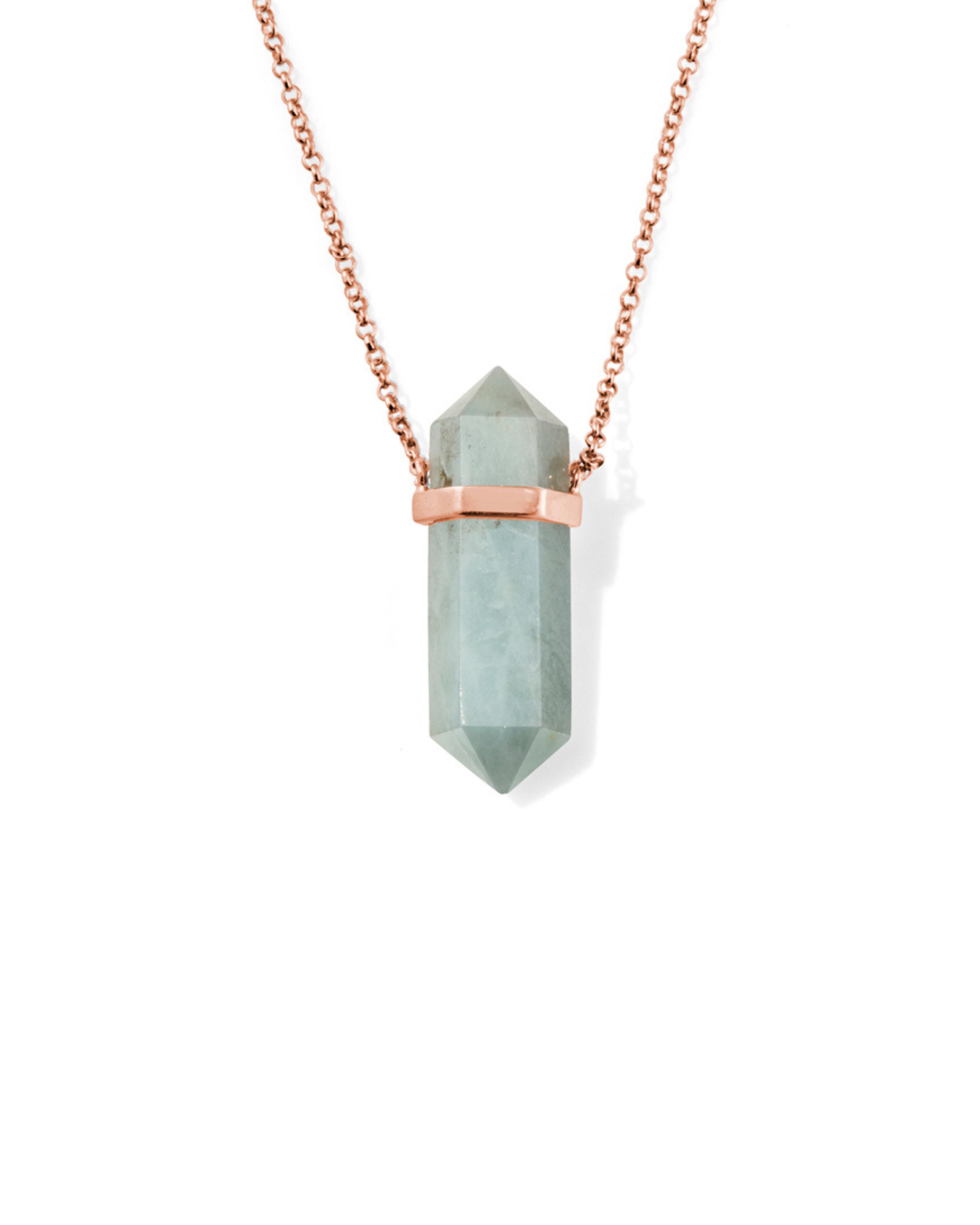 Mystic Waters Necklace Rose Gold Aqua Marine Crystal Close Up