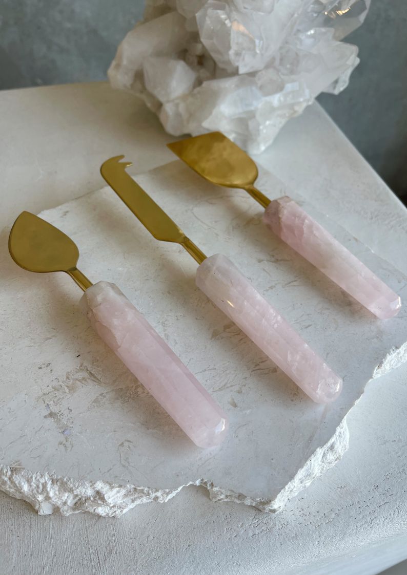 Gold Cheese Knives with Rose Quartz Handles