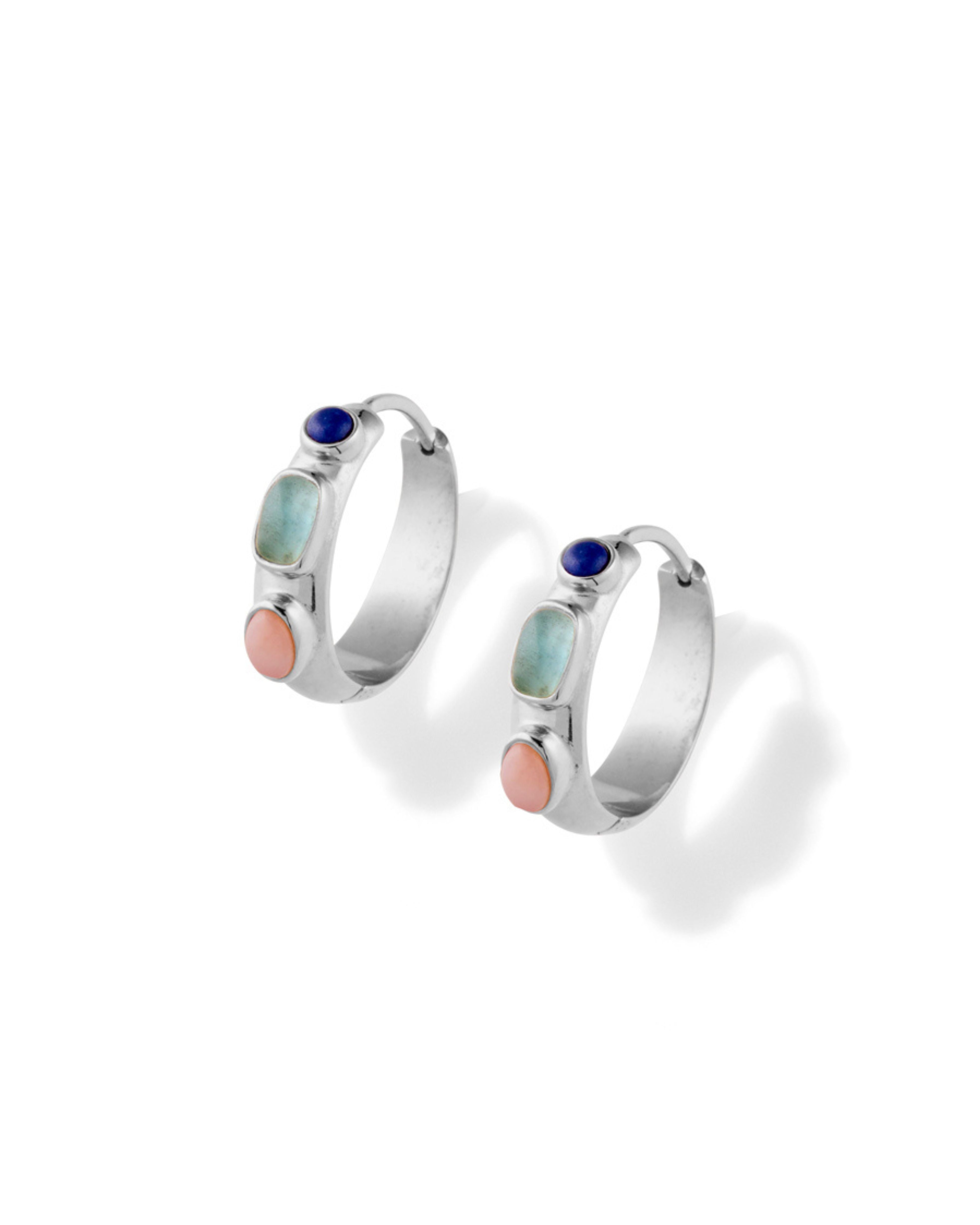 Silver Hoop Earrings with Lapis Lazuli, Aqua Marine + Pink Opal