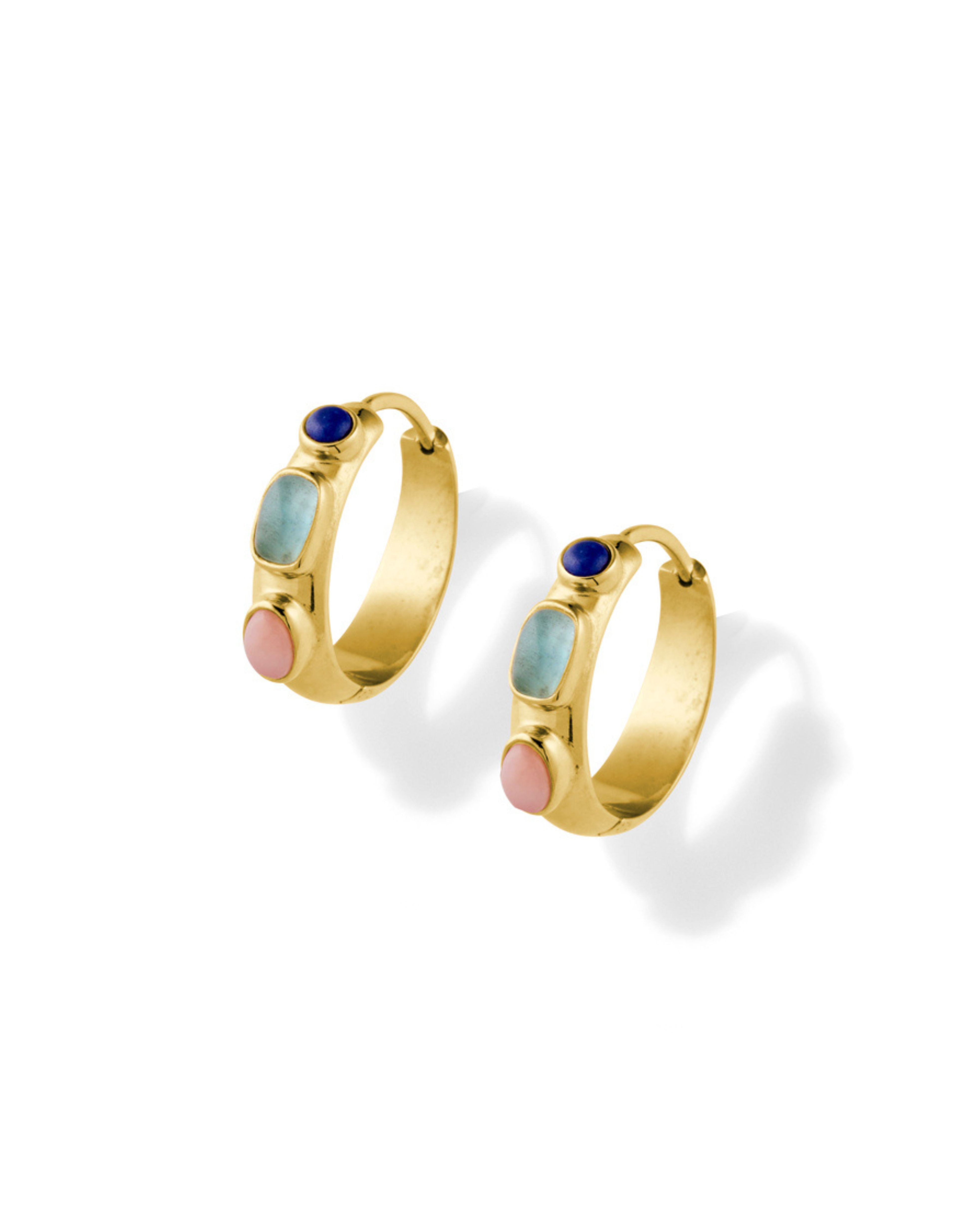 Gold Vermeil Hoop Earrings with Lapis Lazuli, Aqua Marine + Pink Opal