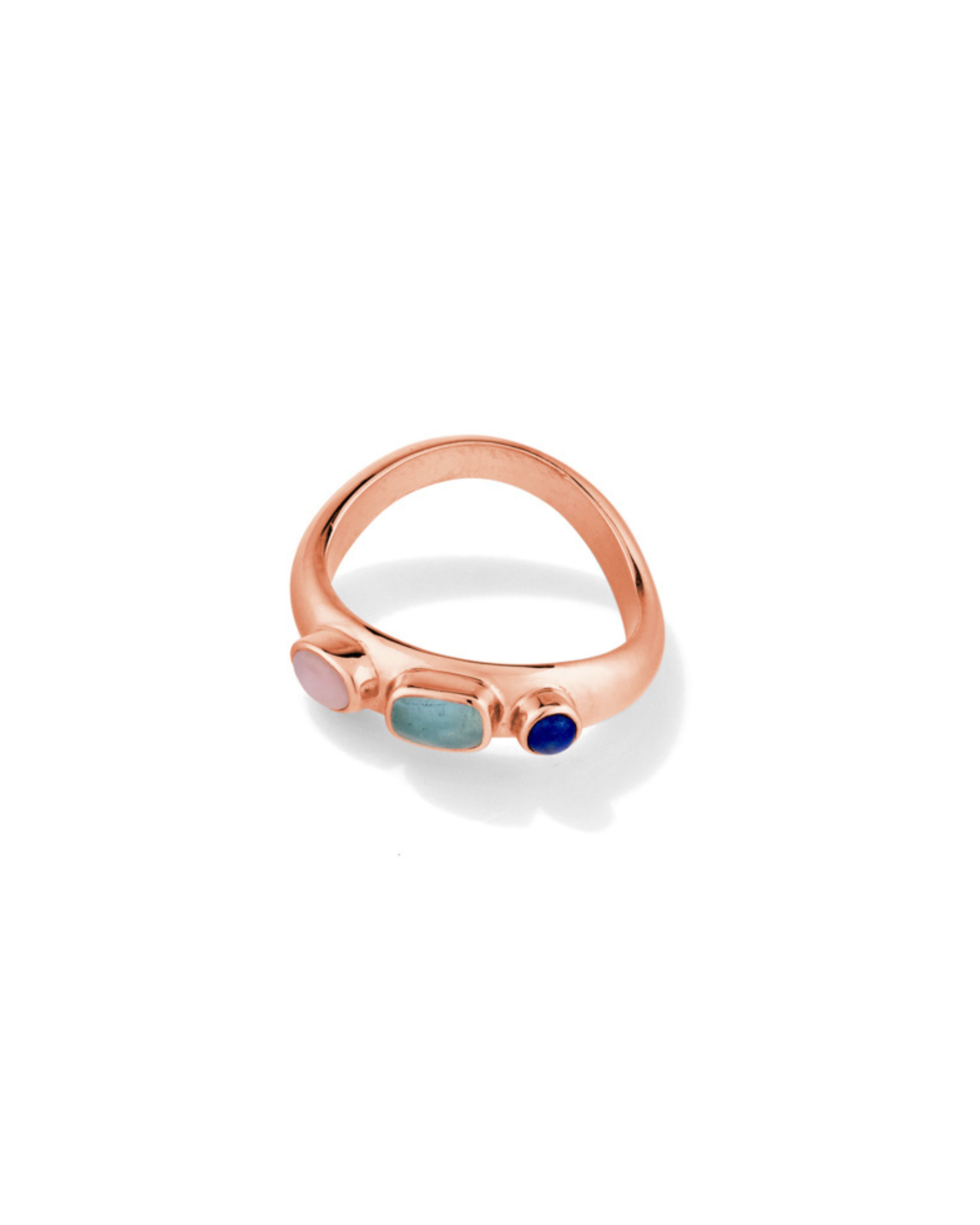 Rose Gold Ring with Lapis Lazuli, Aqua Marine + Pink Opal