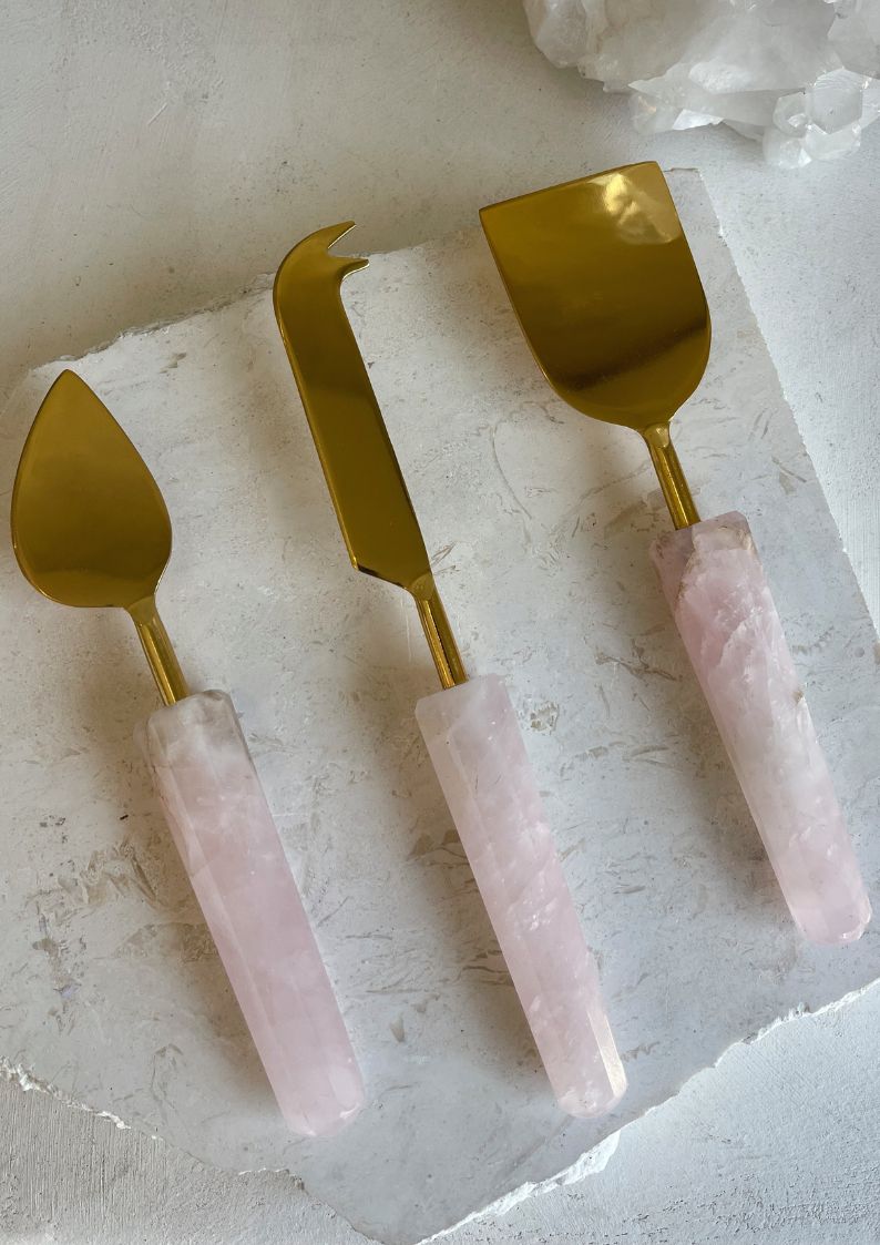 Gold Cheese Knives with Rose Quartz Handles
