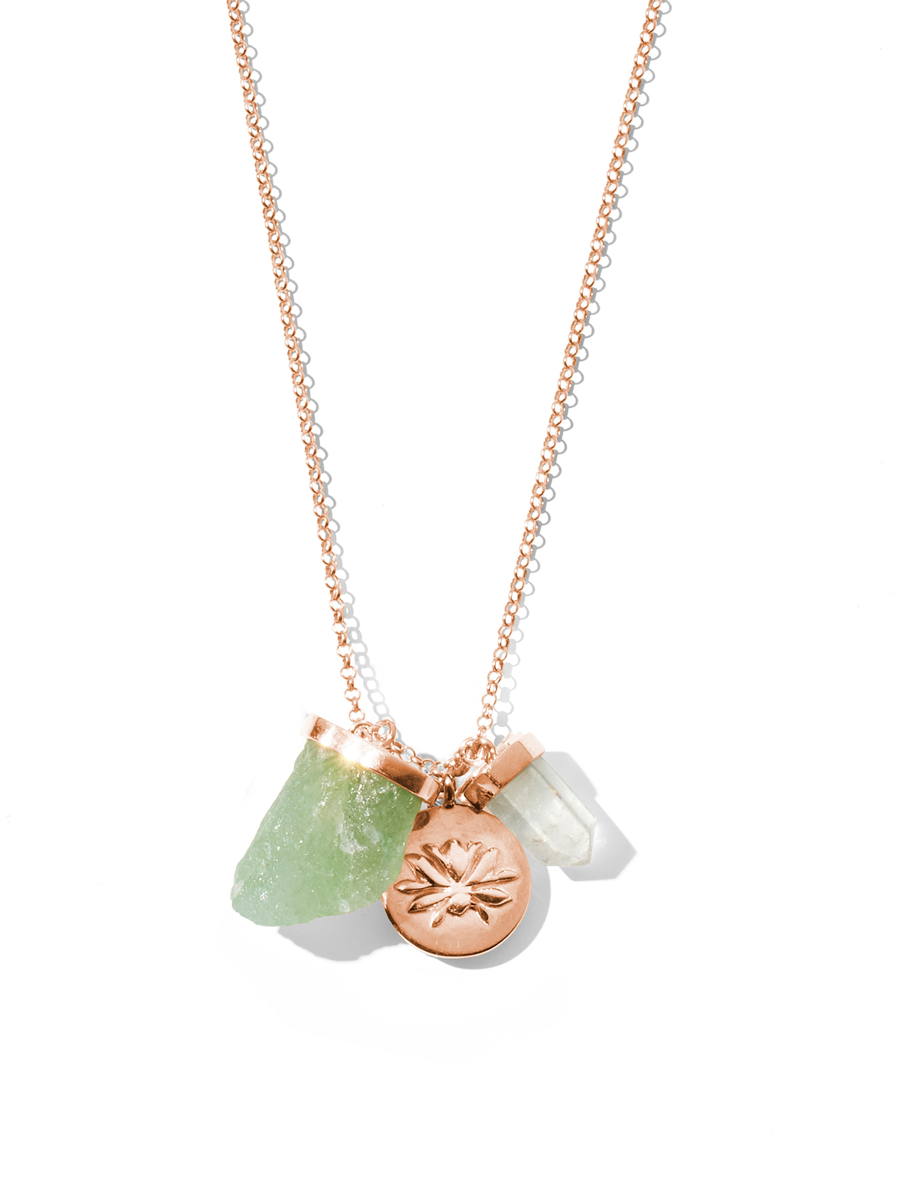 the lucky necklace | green aventurine, clear quartz + lotus