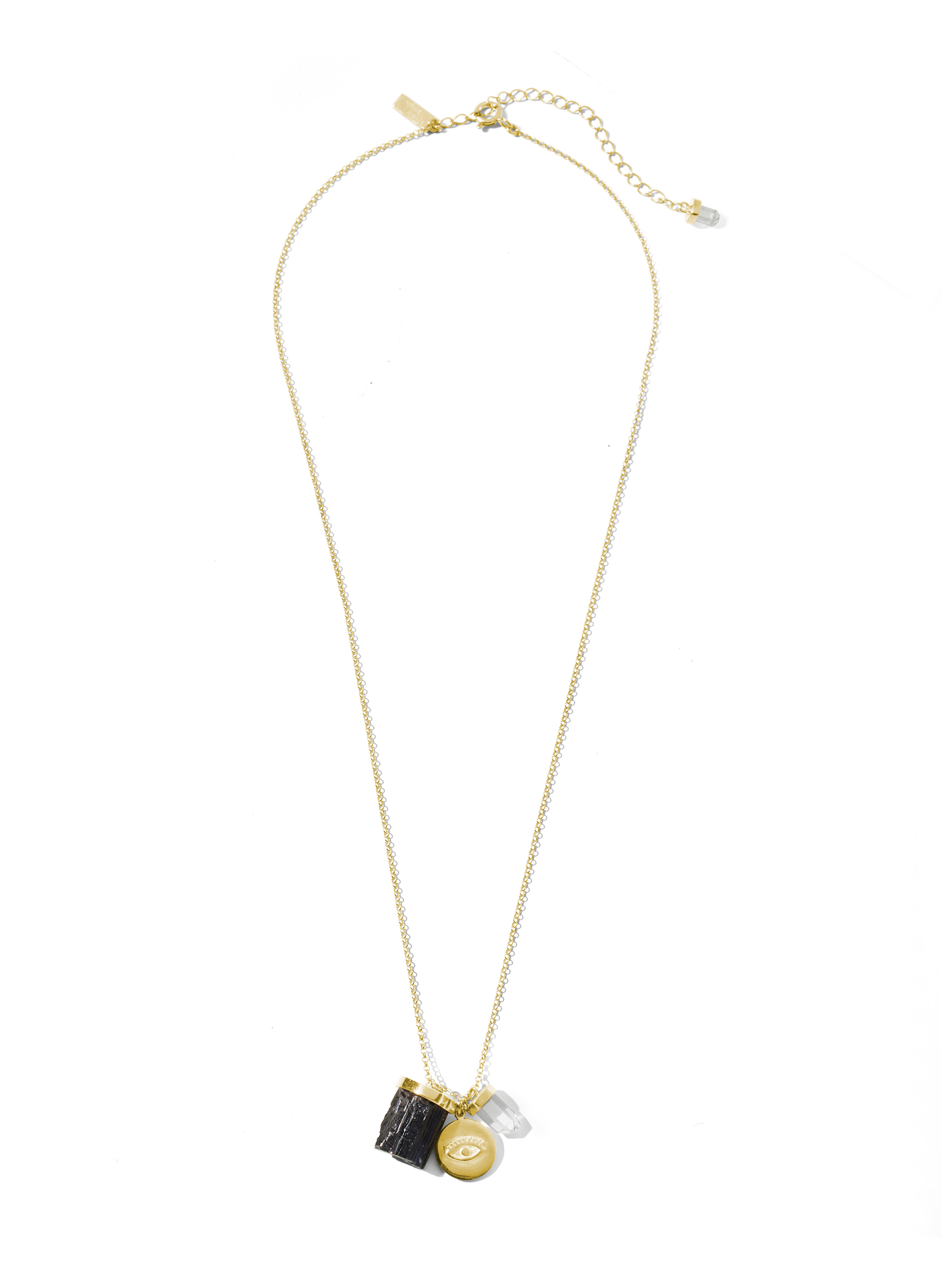 mindful necklace | black tourmaline, clear quartz + evil eye
