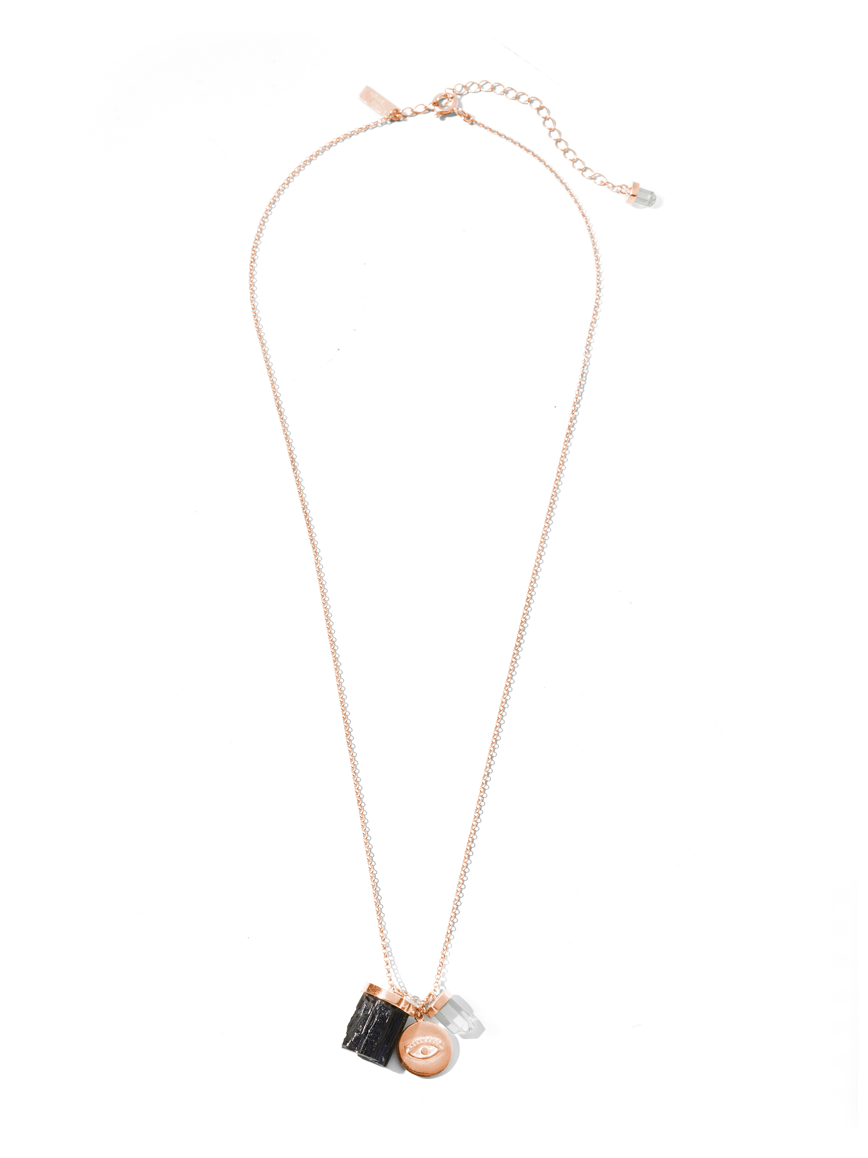 mindful necklace | black tourmaline, clear quartz + evil eye