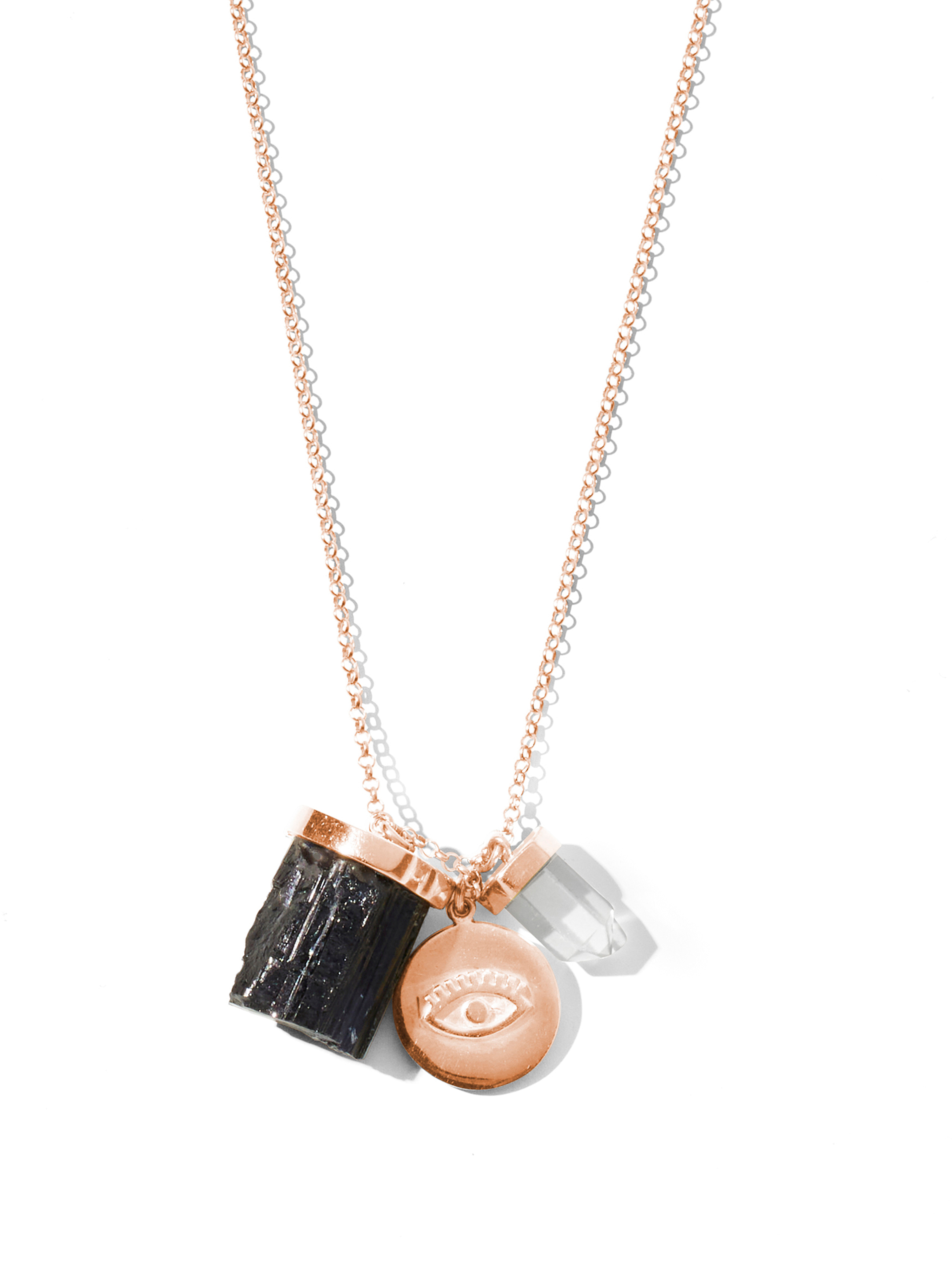 mindful necklace | black tourmaline, clear quartz + evil eye