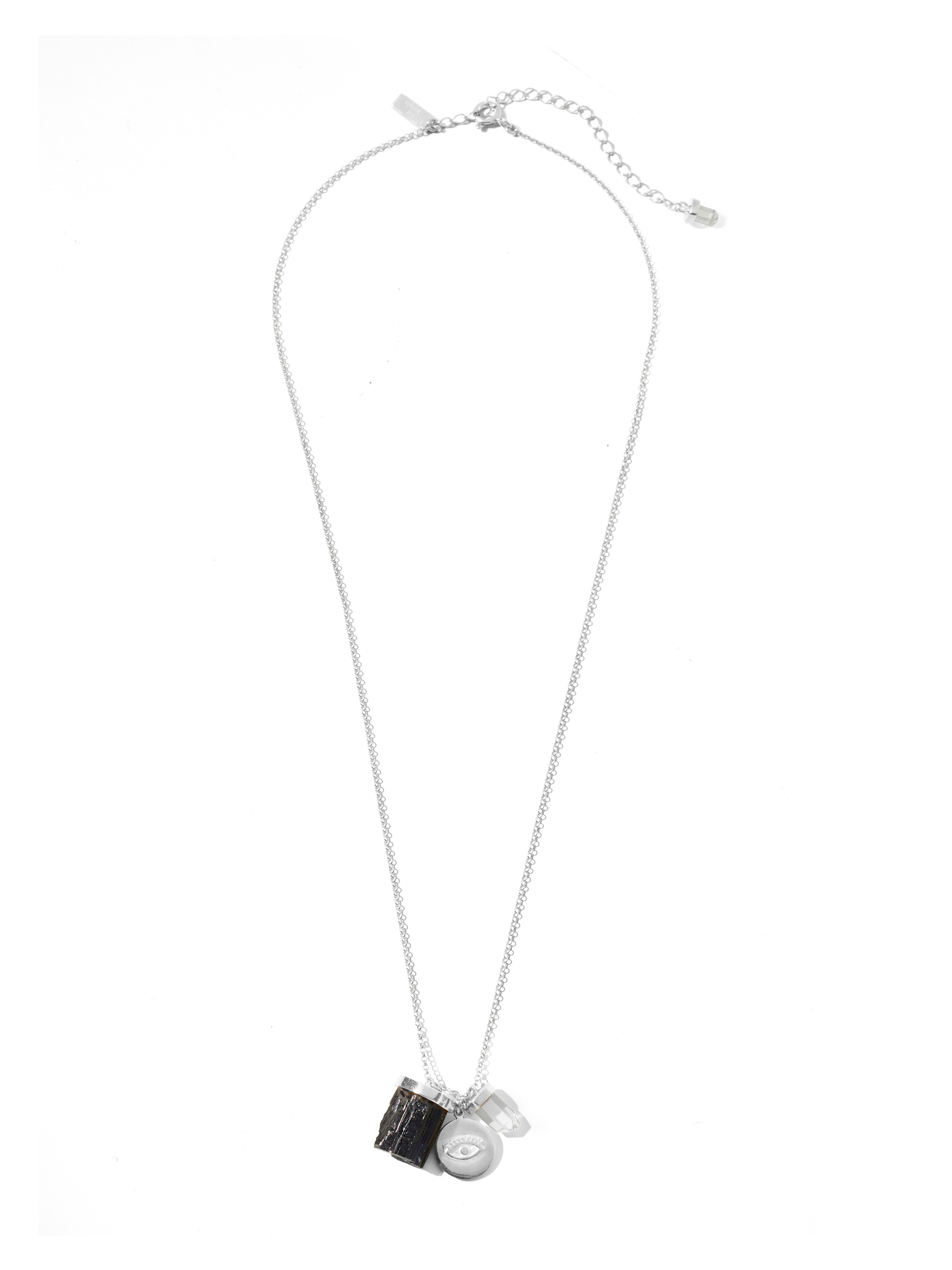 mindful necklace | black tourmaline, clear quartz + evil eye