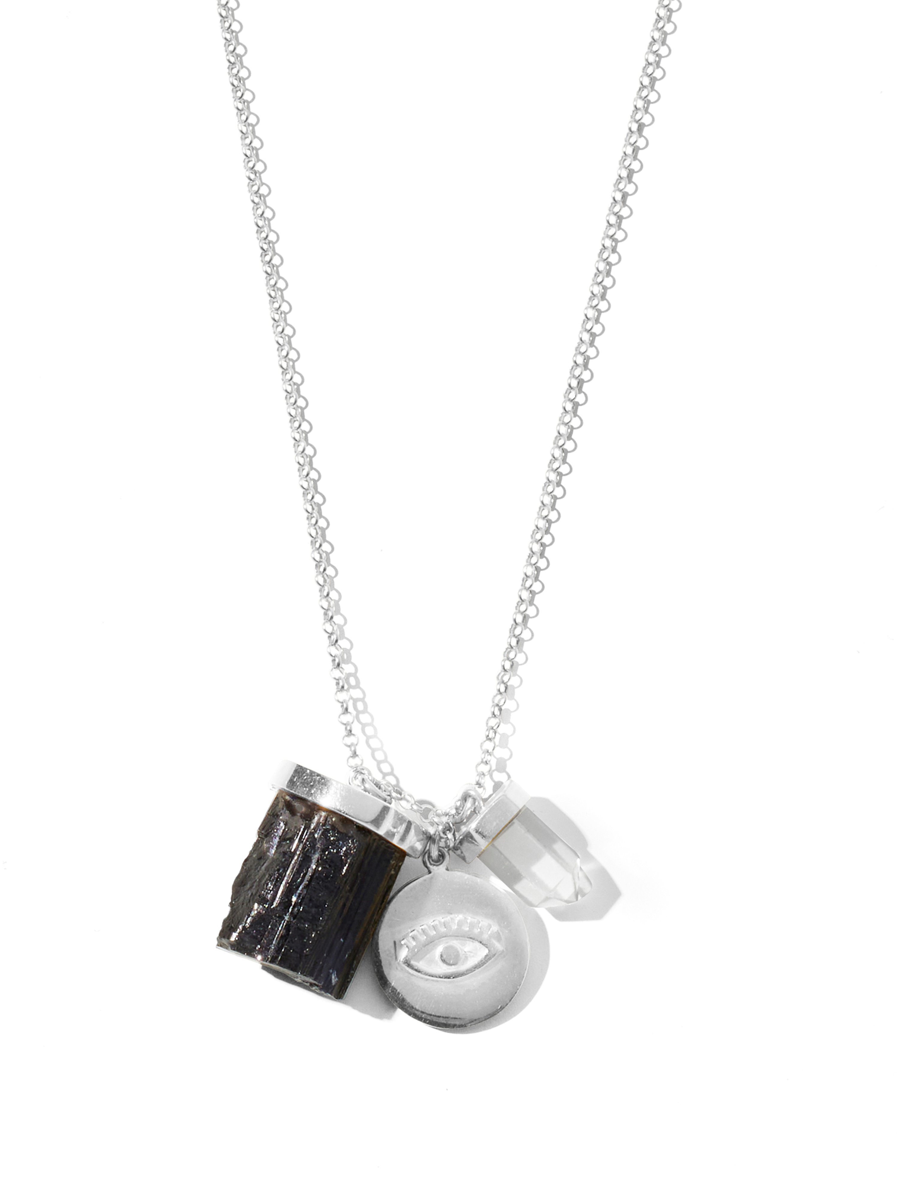 mindful necklace | black tourmaline, clear quartz + evil eye