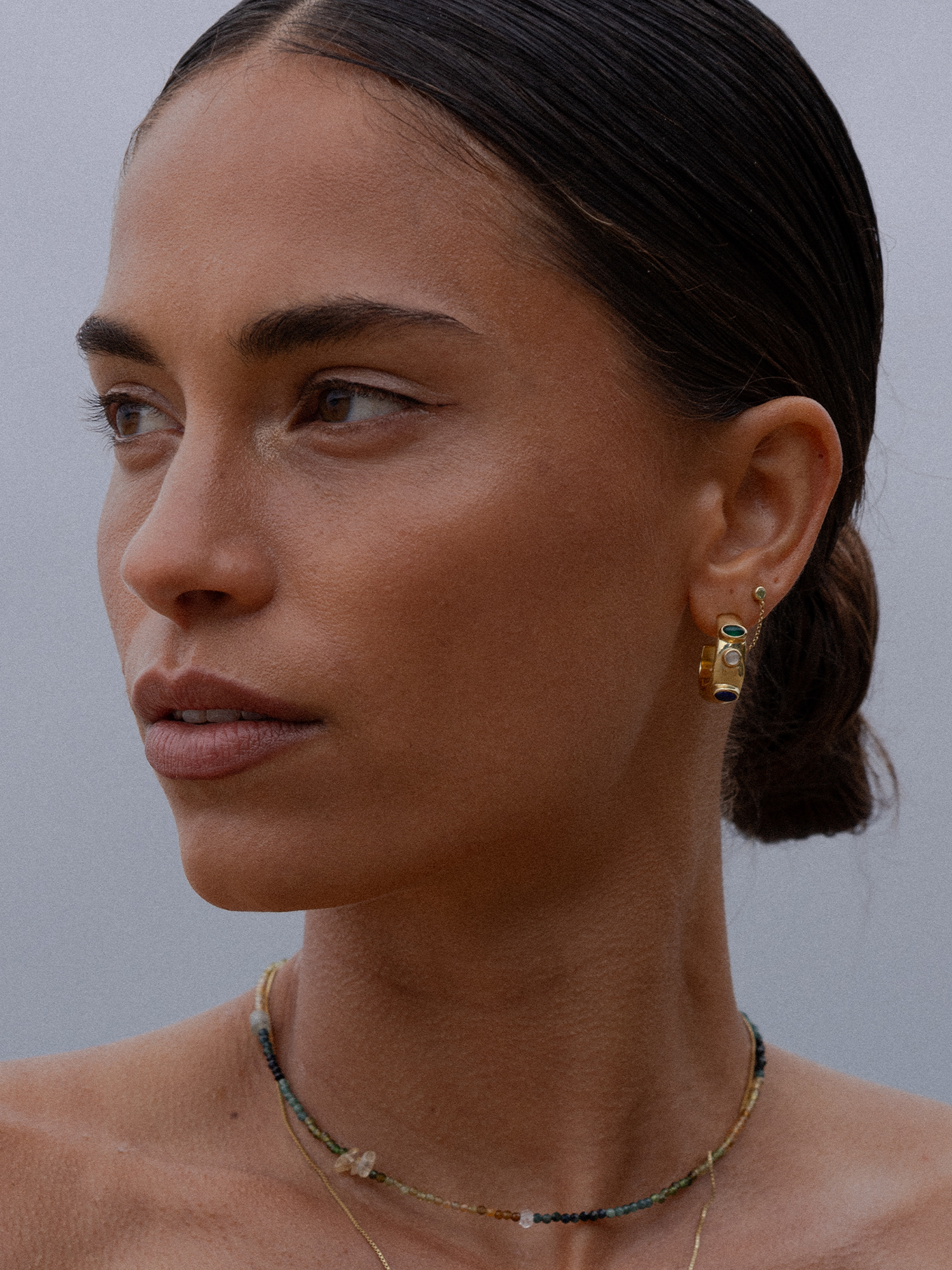 balance hoops | green agate, lapis lazuli + rainbow moonstone