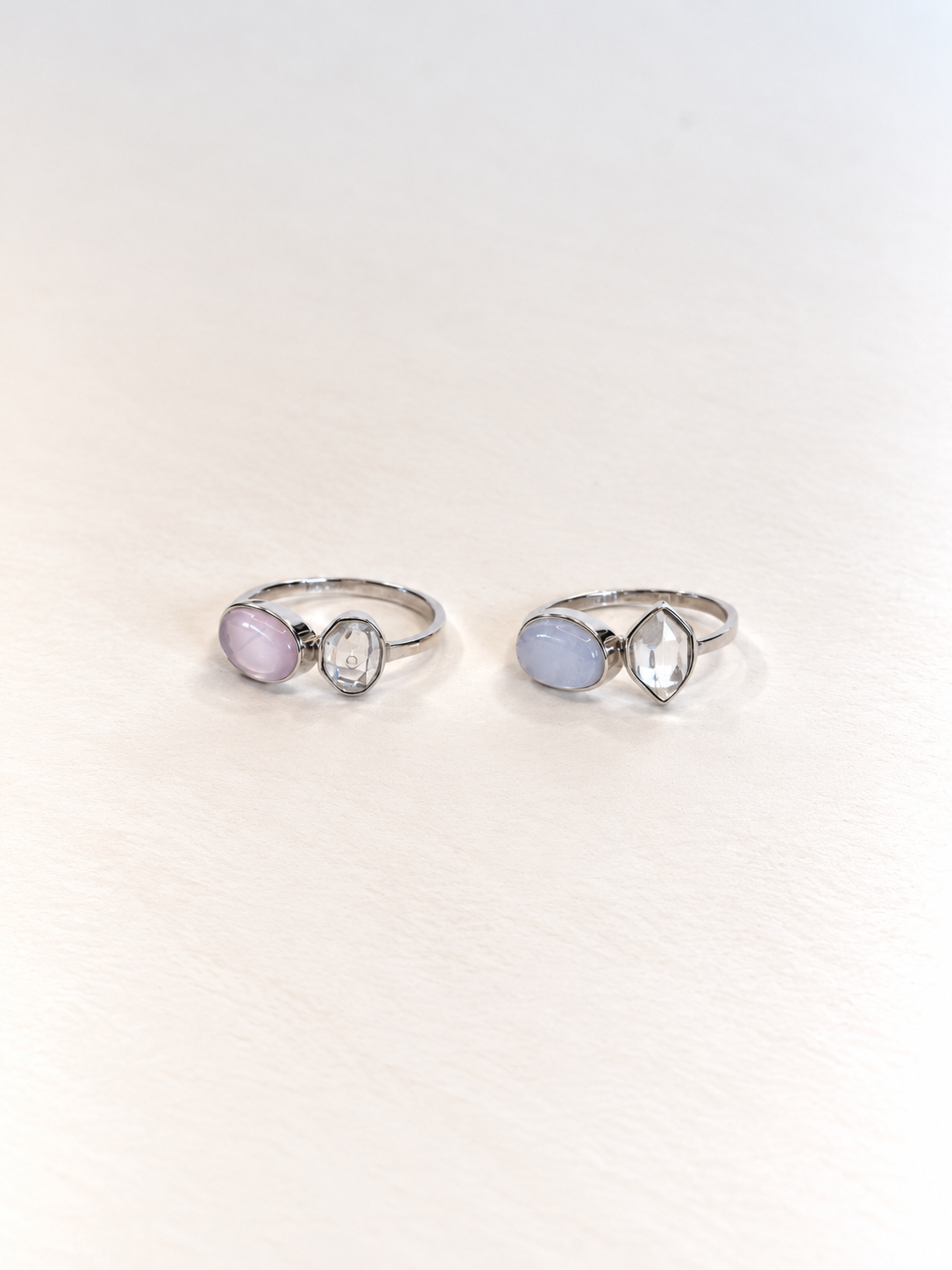double stone ring | rose quartz / herkimer / rainbow moon stone | warehouse sale | size 7