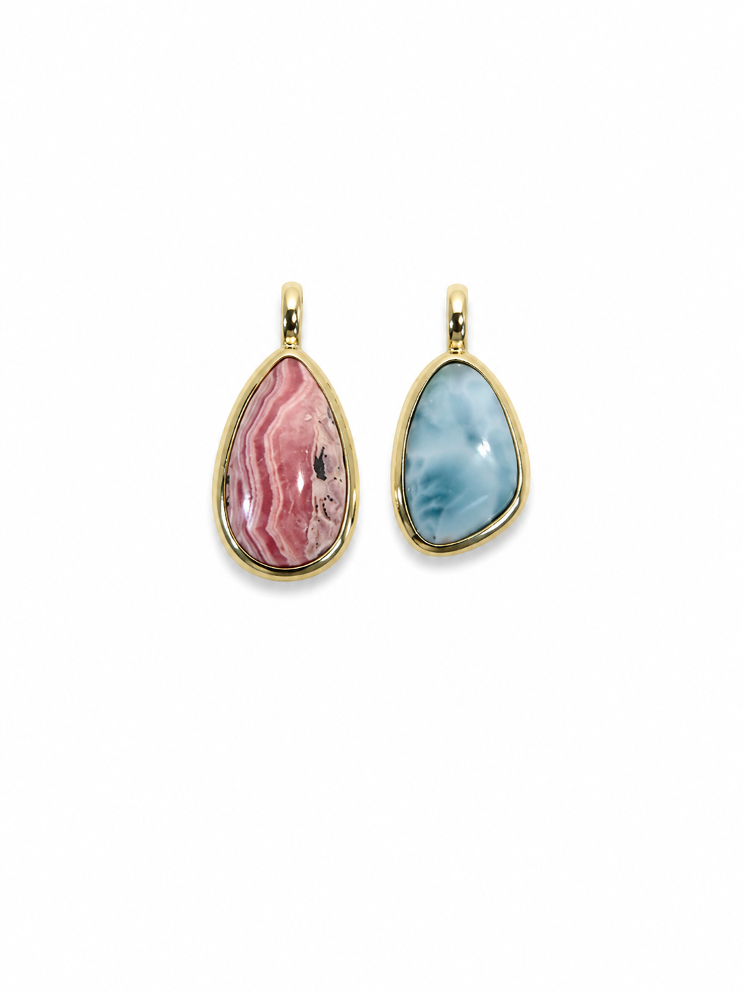 one of a kind charms | rhodochrosite + larimar | 18k gold vermeil