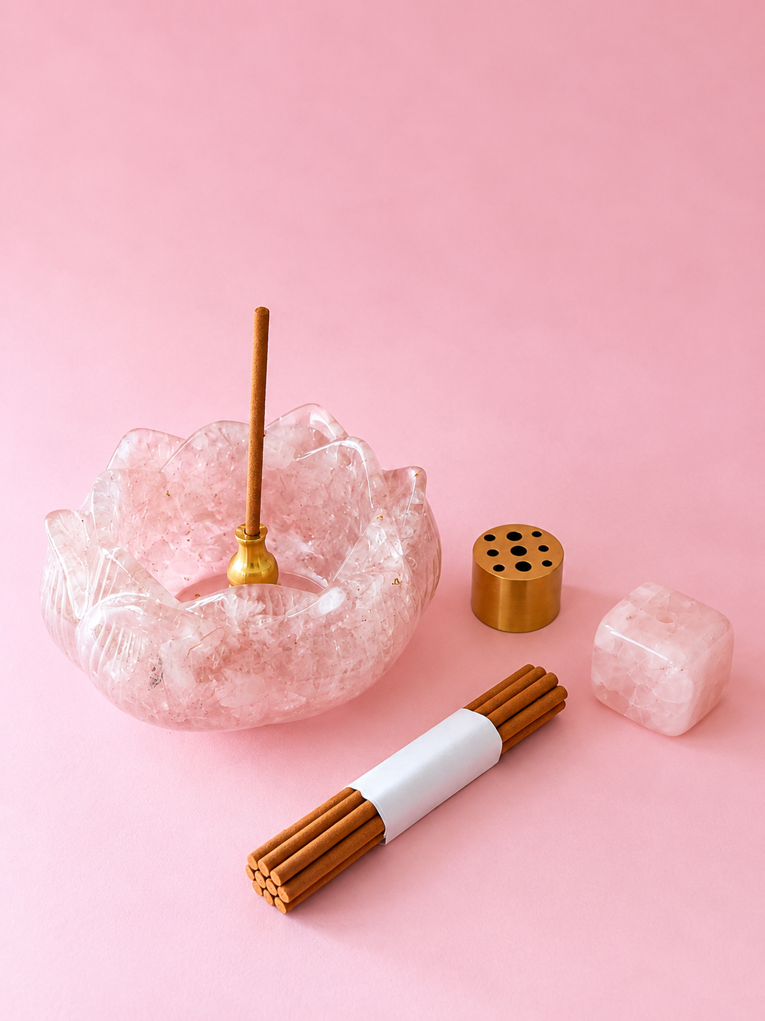 lotus ritual incense holder set | rose quartz