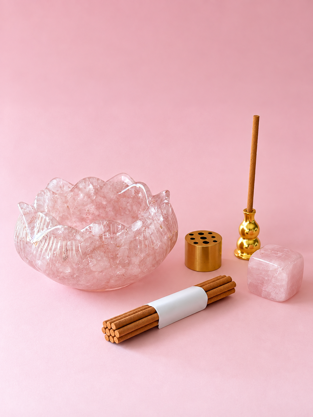 lotus ritual incense holder set | rose quartz