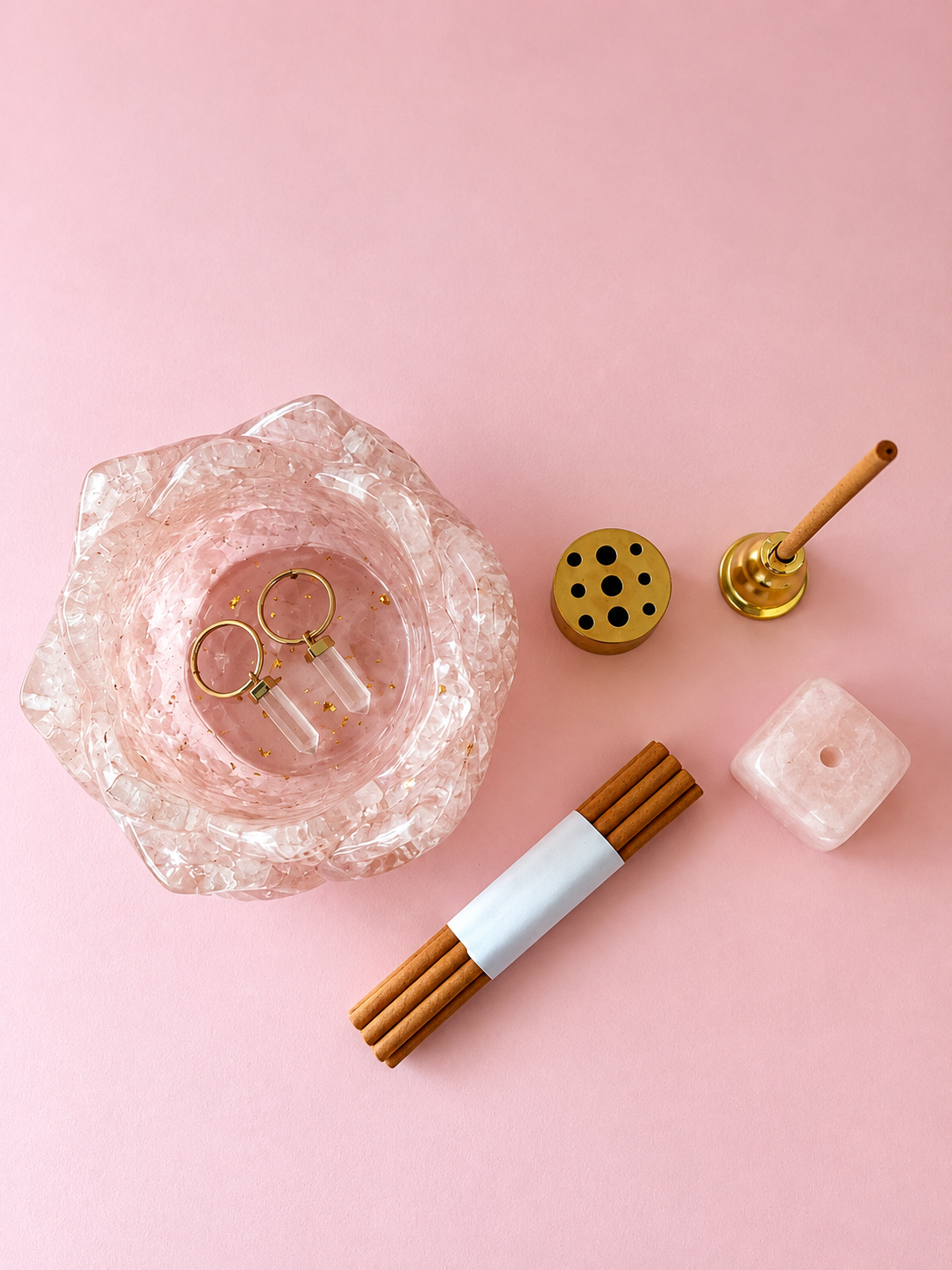 lotus ritual incense holder set | rose quartz