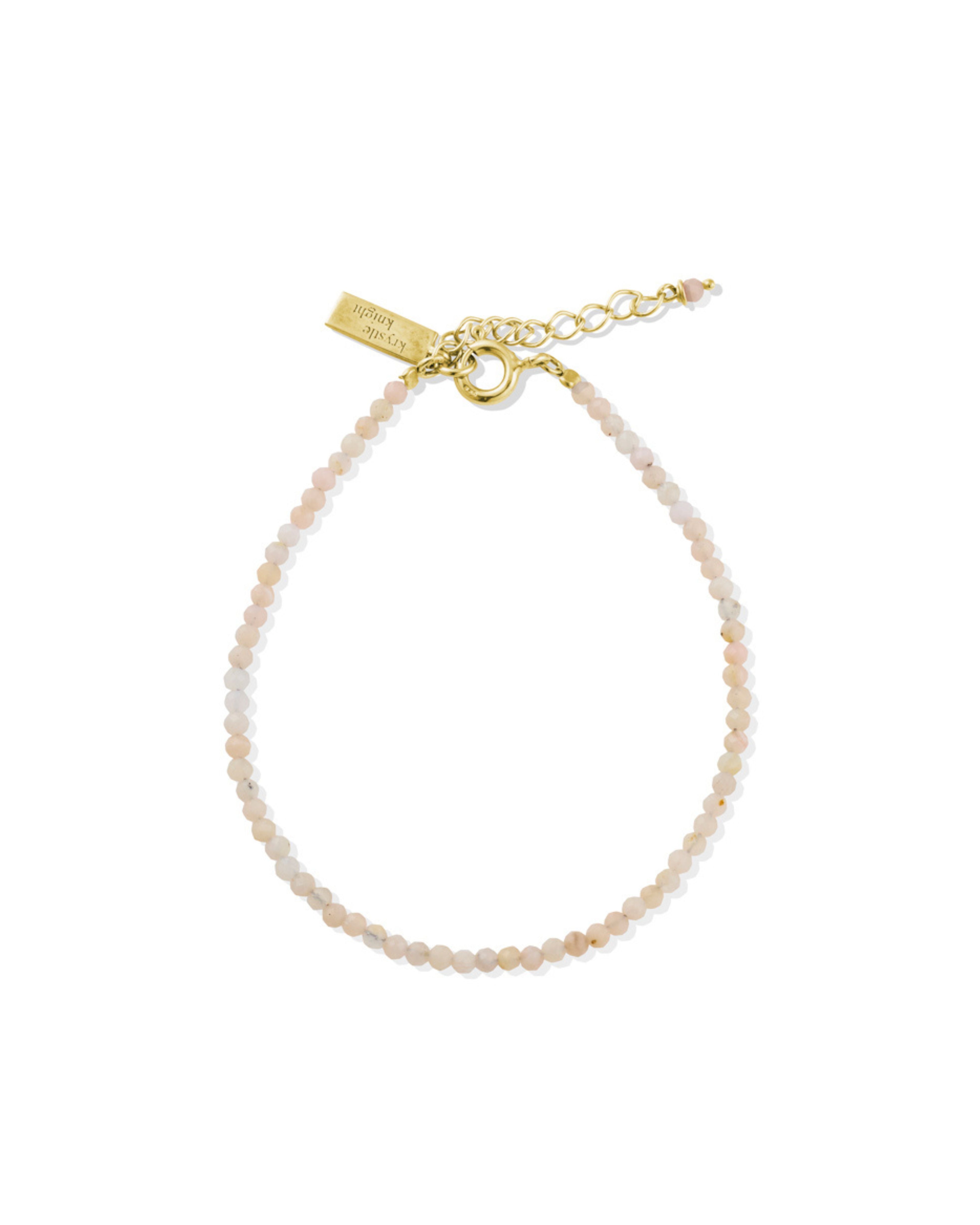 Pink Opal delicate beaded bracelet with a gold clasp on a white background.